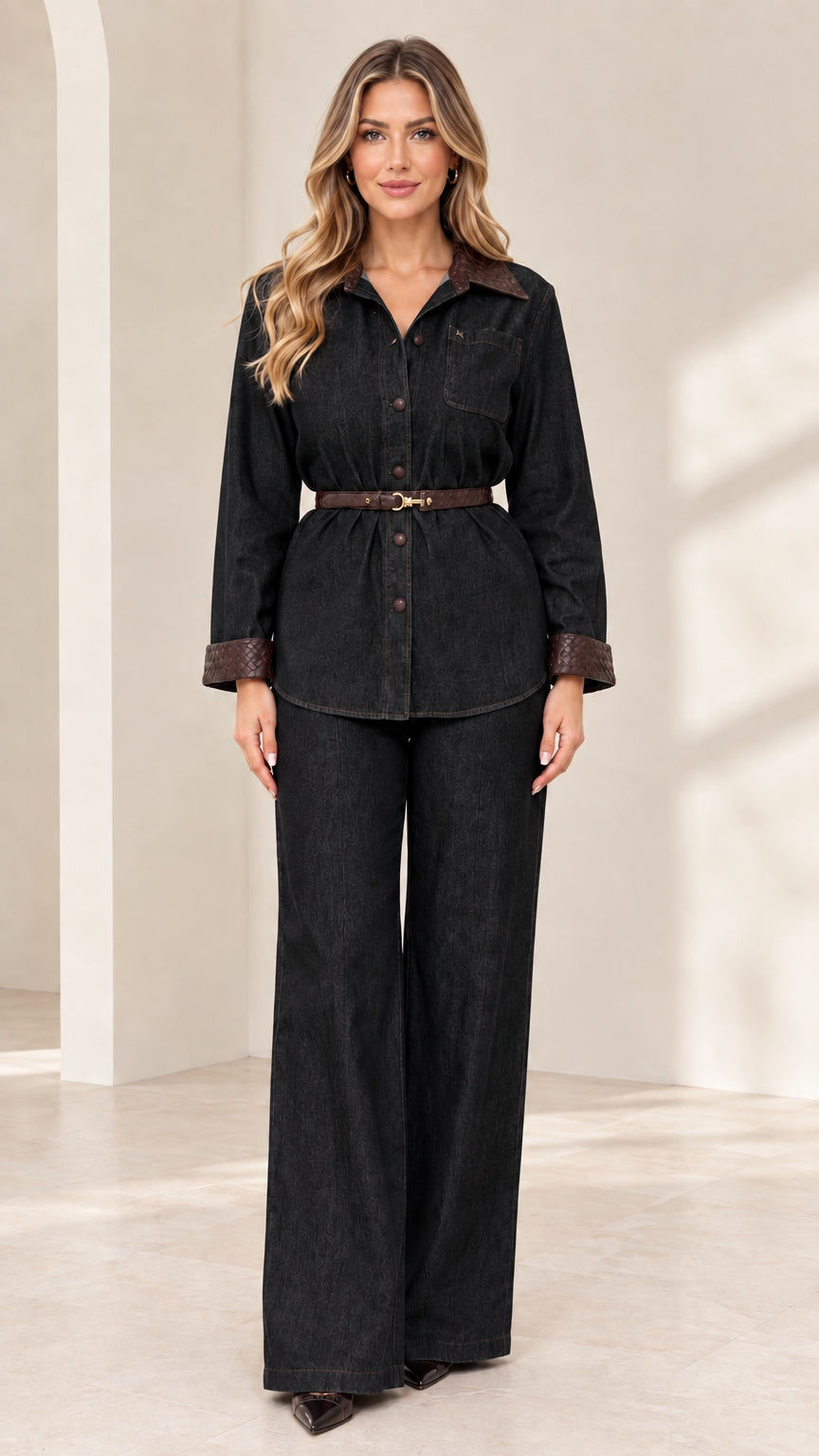 Front view of model wearing Black belted shirt and matching wide-leg trousers set