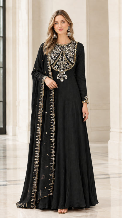 Black embroidered floor-length Anarkali gown with matching scarf