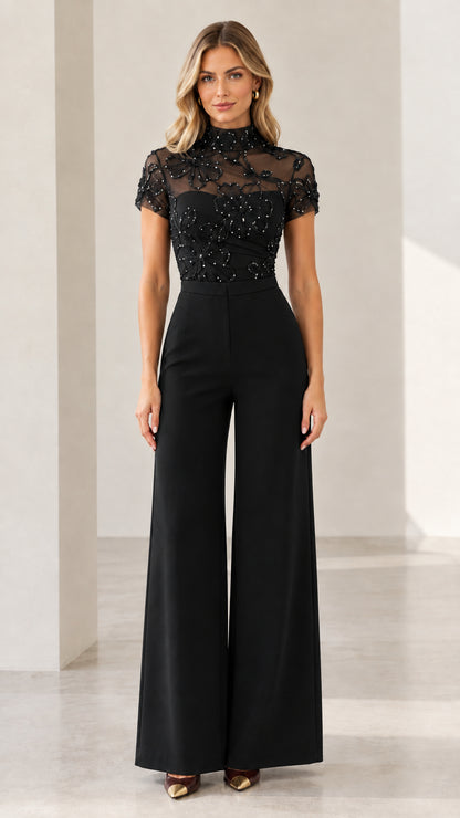 Black sequin floral mock neck wide-leg evening jumpsuit