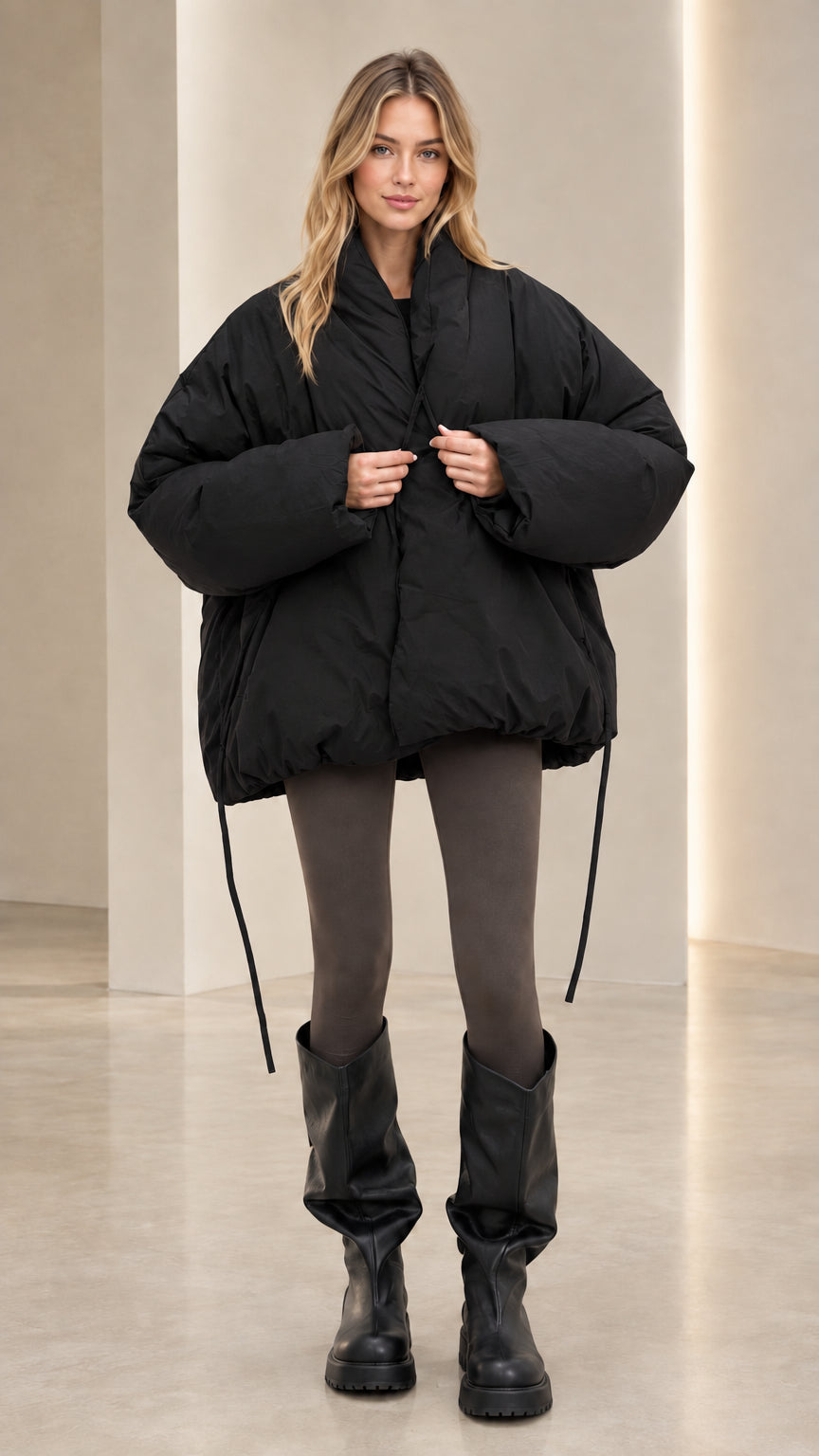 Front view of model wearing black oversized bubble hem puffer jacket