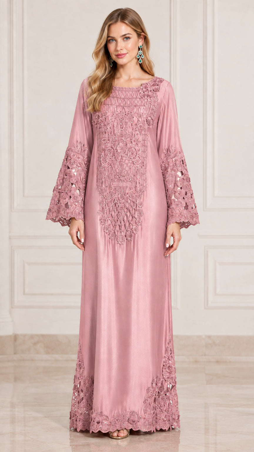 Front view of model wearing dusty pink embroidered satin bell sleeve maxi dress