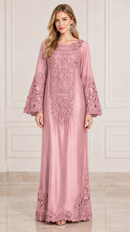 Front view of model wearing dusty pink embroidered satin bell sleeve maxi dress