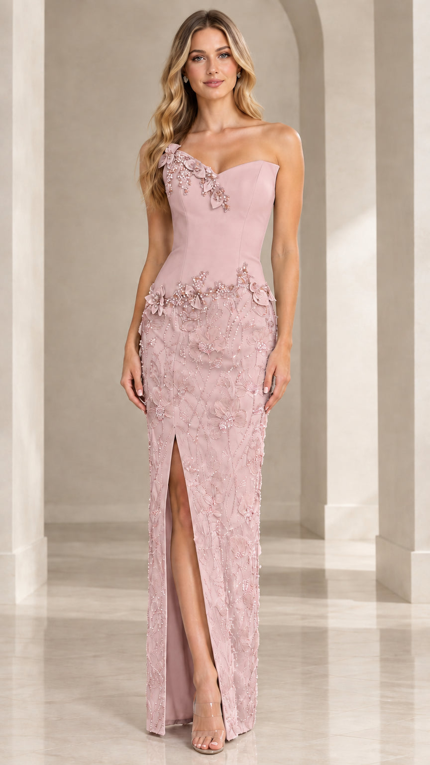 Dusty pink one-shoulder beaded formal gown with front slit