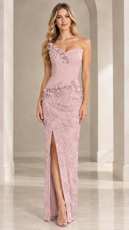 Dusty pink one-shoulder beaded formal gown with front slit