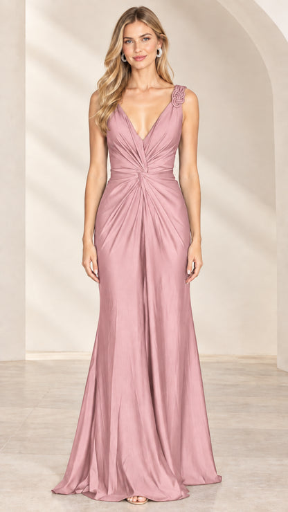 Model wearing Dusty Rose pink ruched satin maxi formal dress