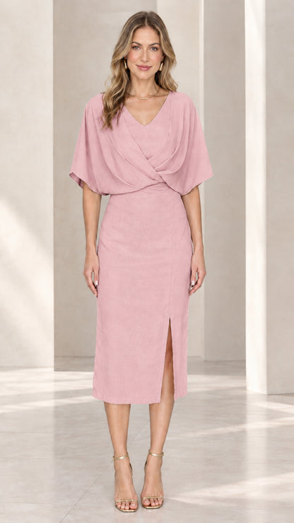 Front view of model wearing dusty pink draped flutter sleeve midi dress