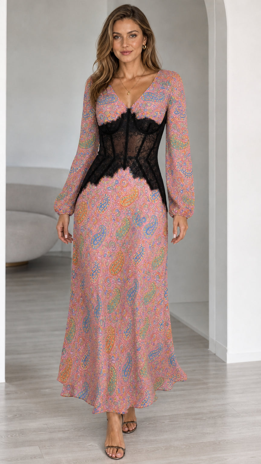 Front view of model in Pink Multi paisley long sleeve maxi dress with lace waist