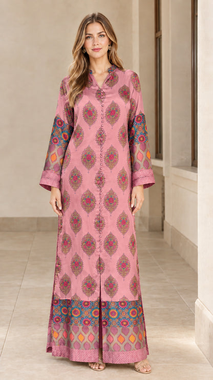 Front view of model wearing Dusty Rose pink bohemian print satin maxi dress