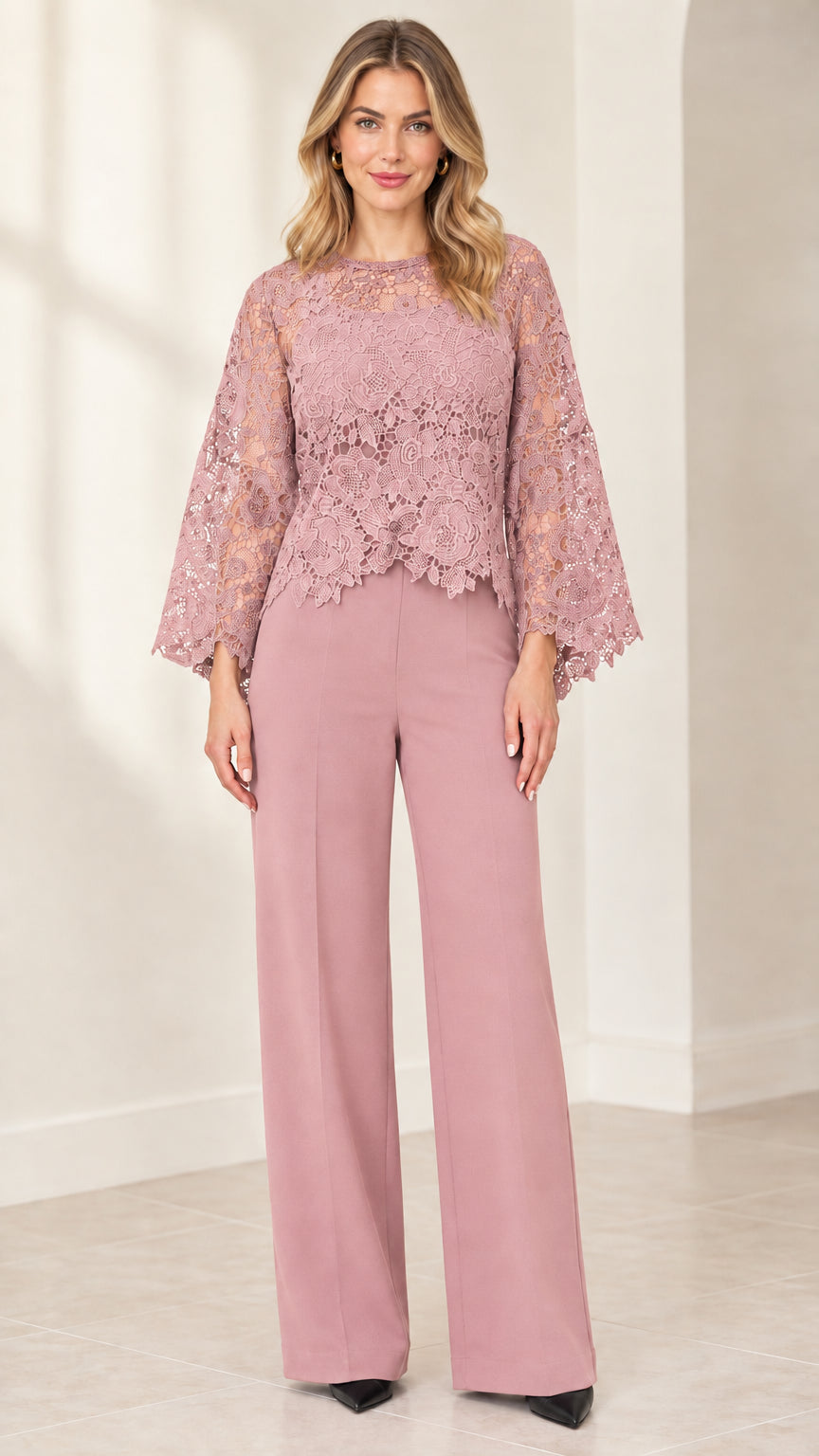 Front view of dusty pink lace overlay wide-leg jumpsuit
