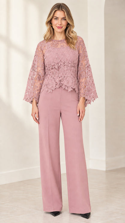 Front view of dusty pink lace overlay wide-leg jumpsuit