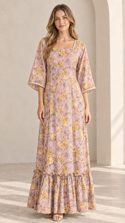 Model wearing Dusty Pink floral square neck maxi dress with tiered ruffle hem