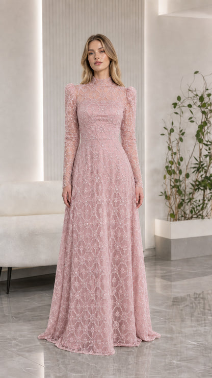 Front view of dusty pink beaded high neck evening maxi dress