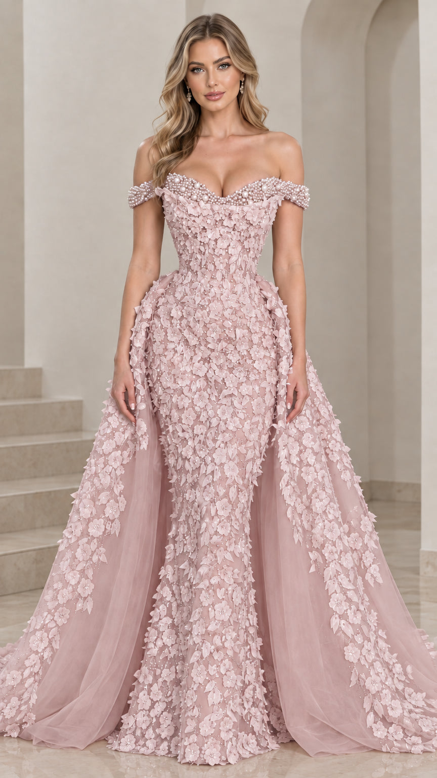Blush pink off-the-shoulder floral applique formal gown with overskirt