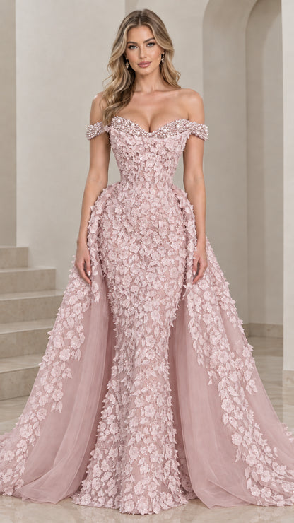 Blush pink off-the-shoulder floral applique formal gown with overskirt