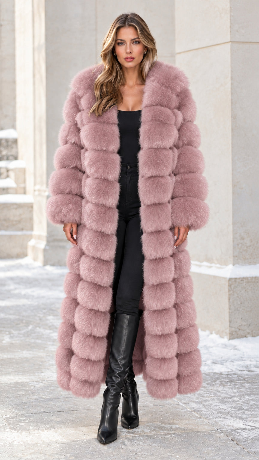 Model wearing dusty pink long maxi paneled faux fur coat