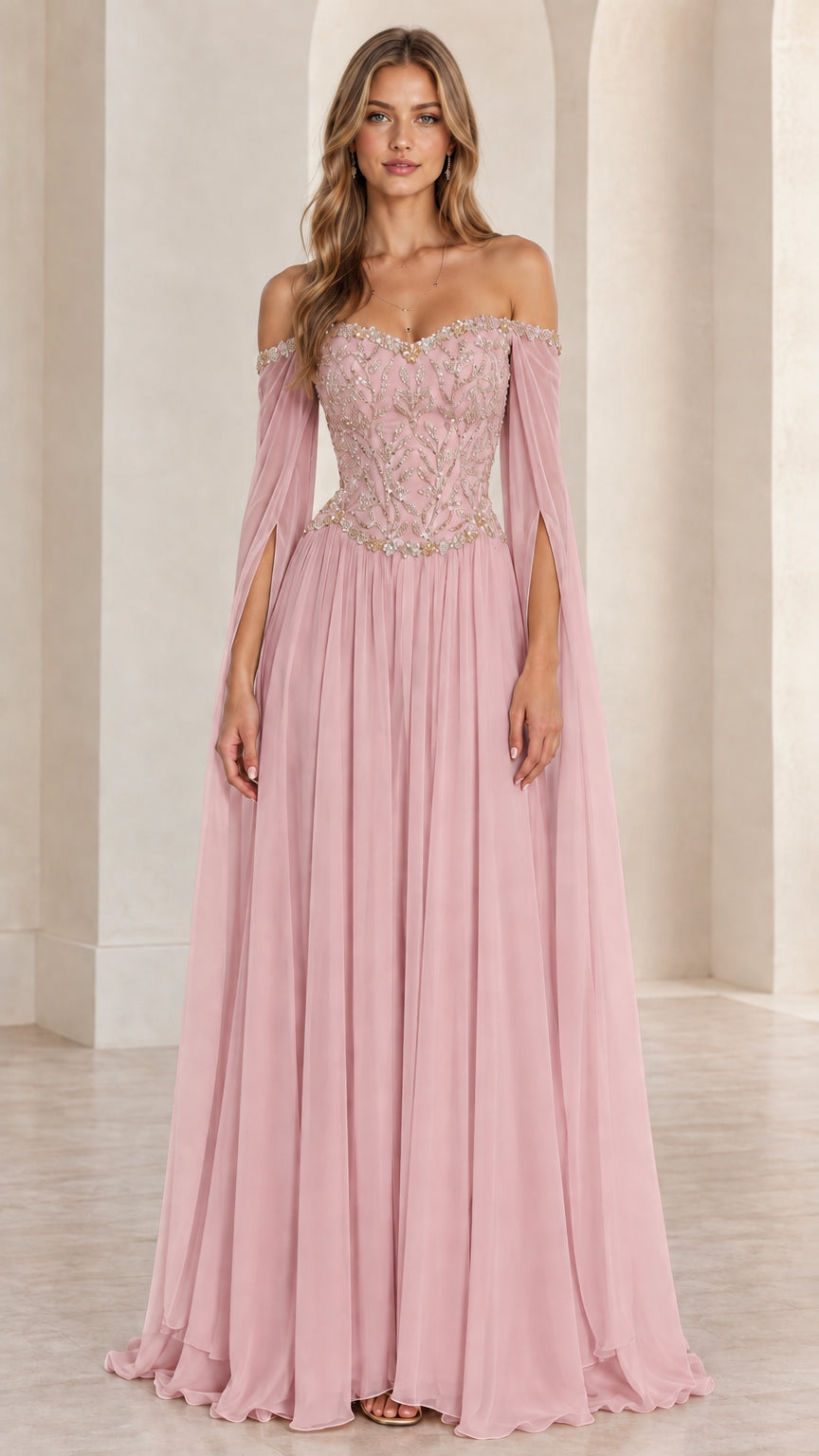 Dusty Pink off-the-shoulder formal gown with embellished bodice and cape sleeves