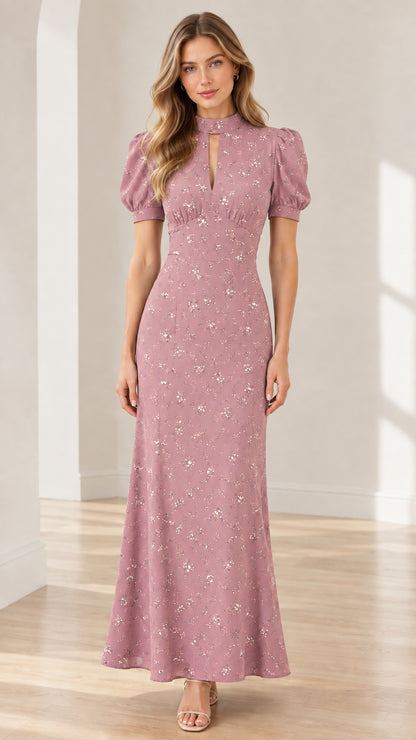 Dusty rose pink floral print puff sleeve keyhole maxi dress on model