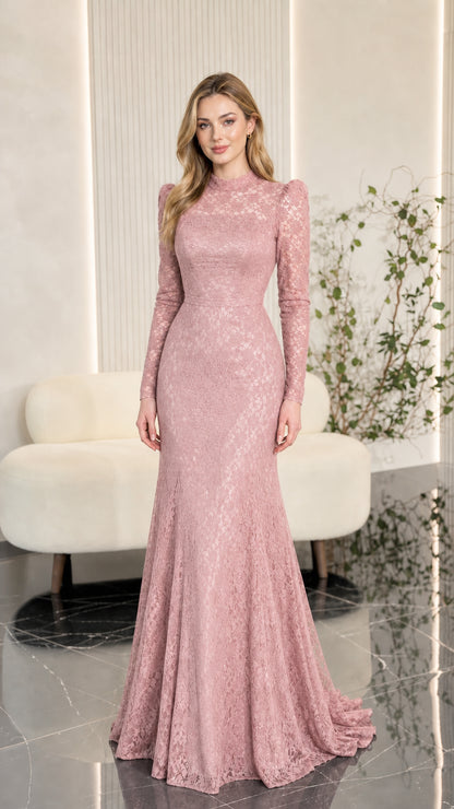 Dusty rose pink long sleeve lace mermaid evening gown