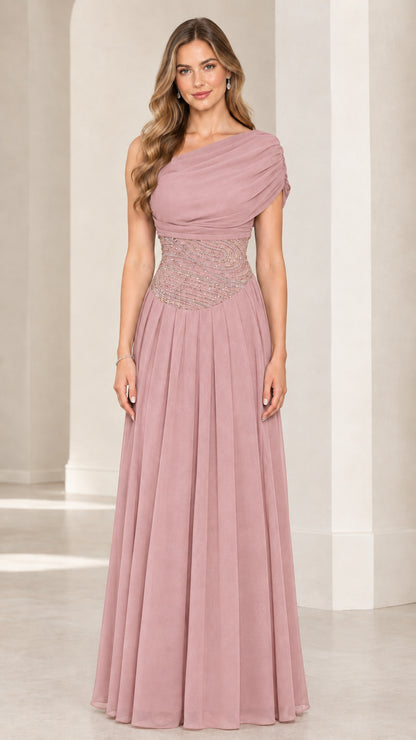 Front view of dusty rose one-shoulder pleated maxi evening gown
