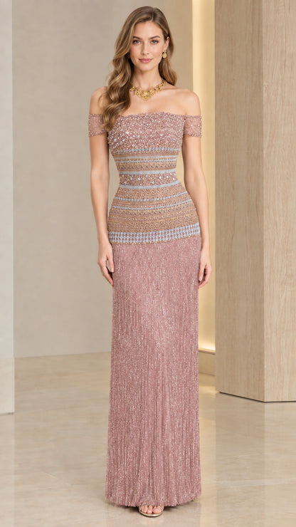 Dusty rose off-the-shoulder embellished formal evening dress