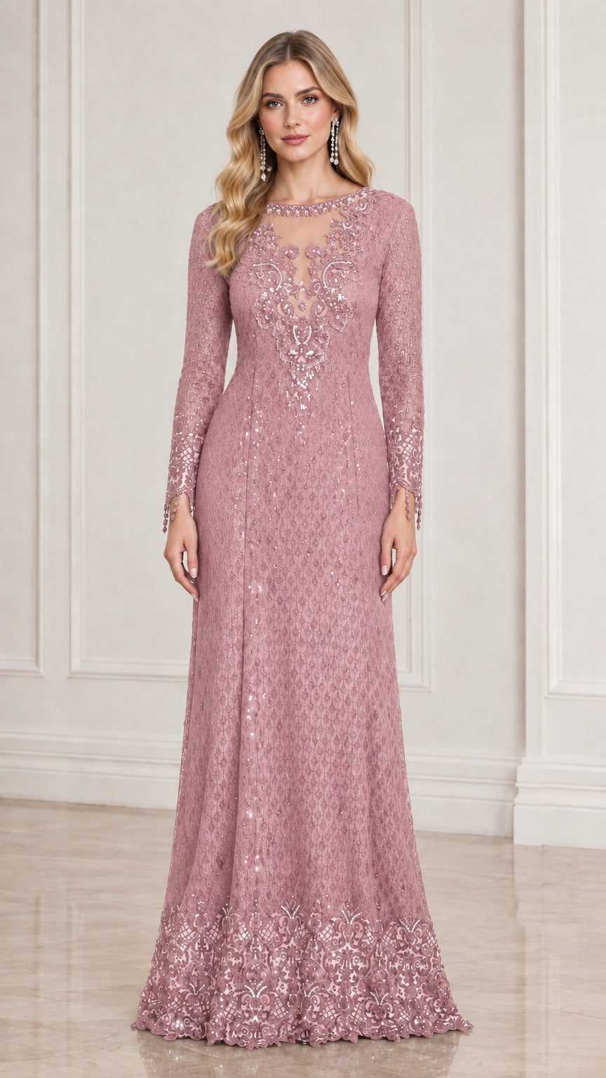 Dusty rose long sleeve sequin lace floor-length formal evening gown