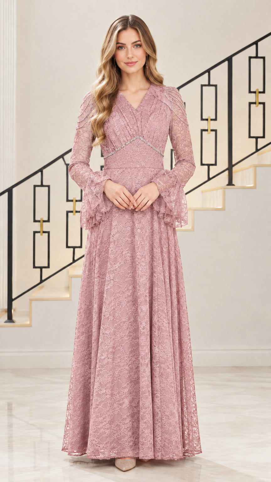Front view of dusty rose pink lace formal maxi gown