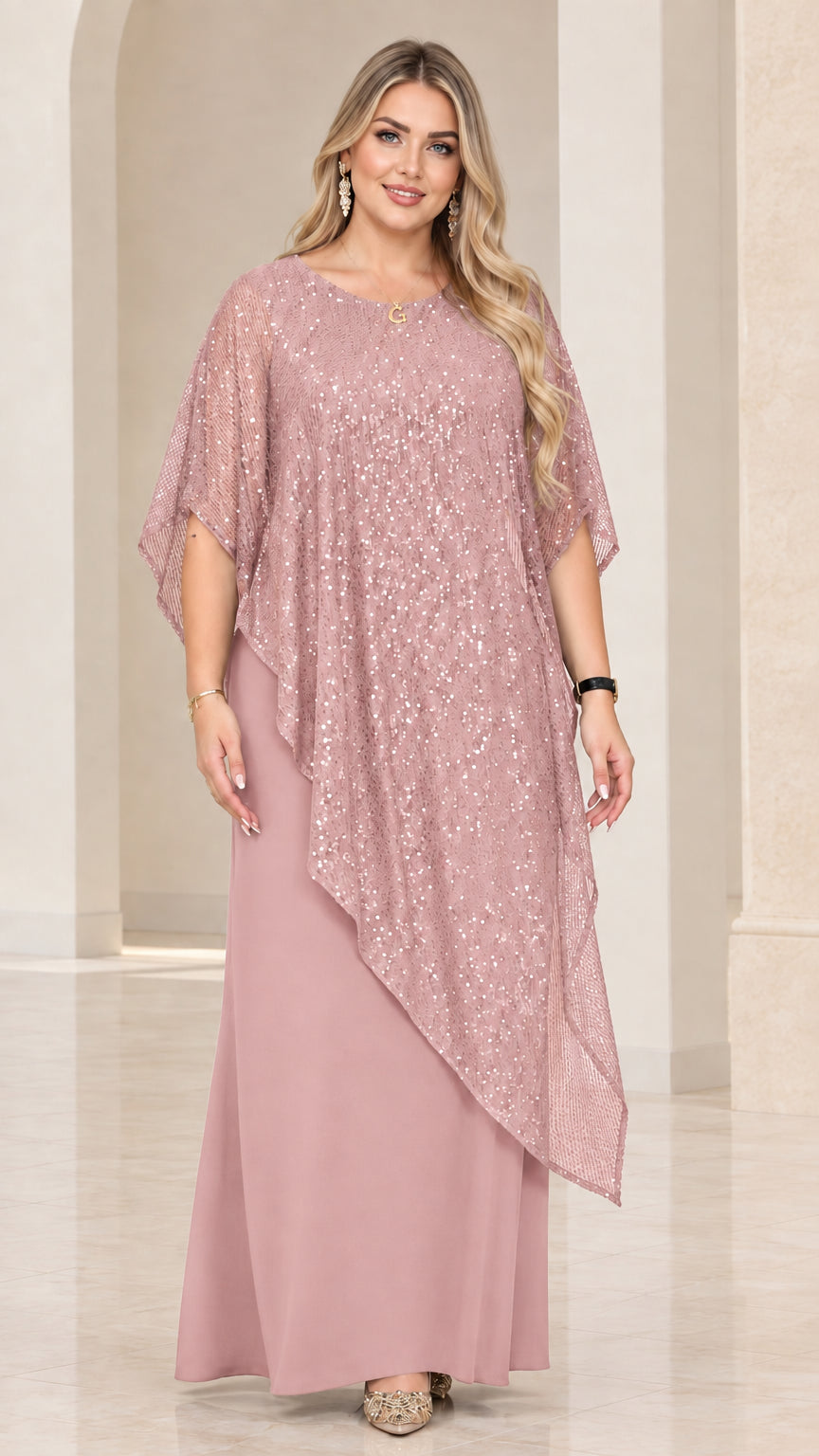 Front view of model wearing Dusty Pink sequin overlay formal maxi dress