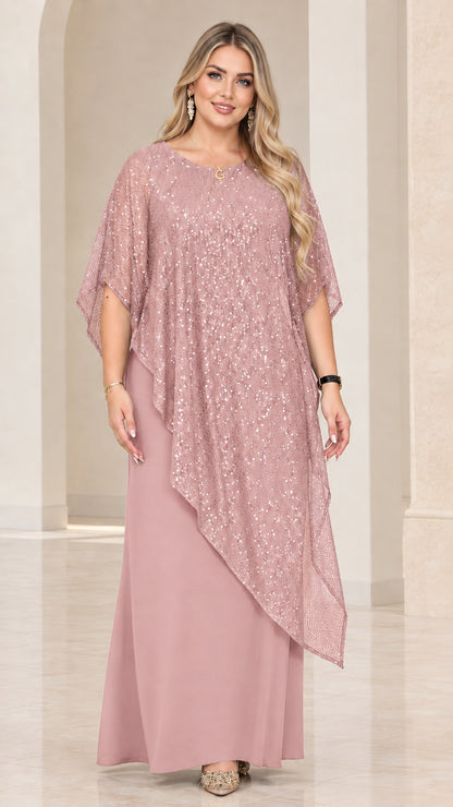 Front view of model wearing Dusty Pink sequin overlay formal maxi dress