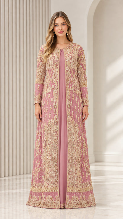 Front view of Dusty Pink floor-length evening gown with ornate embroidery