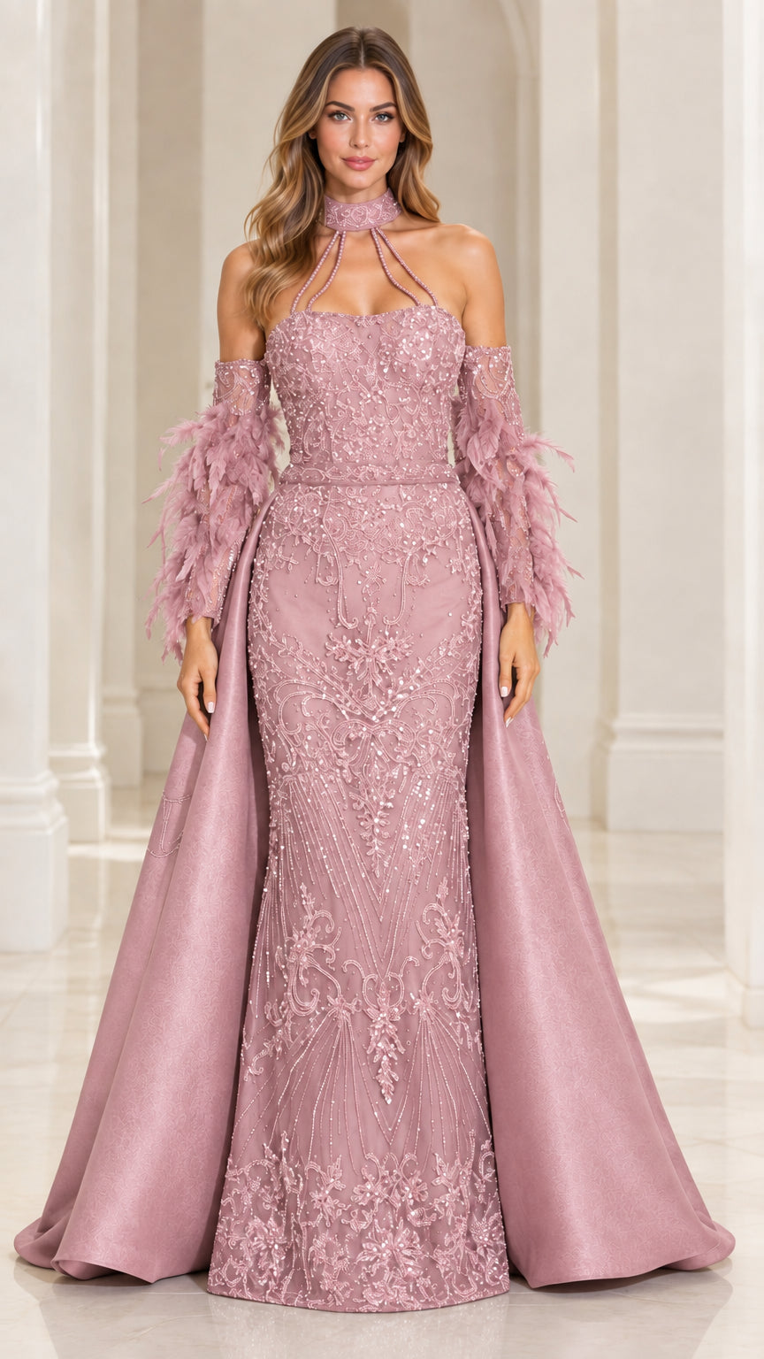 Front view of model wearing Dusty Rose sequin mermaid evening gown with satin overskirt and feather cuffs