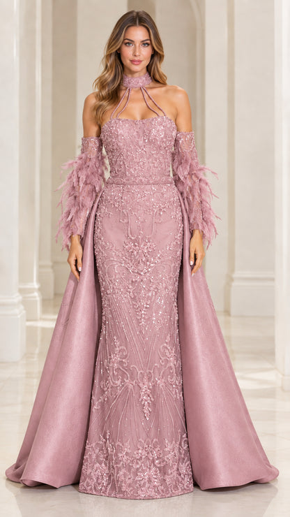 Front view of model wearing Dusty Rose sequin mermaid evening gown with satin overskirt and feather cuffs