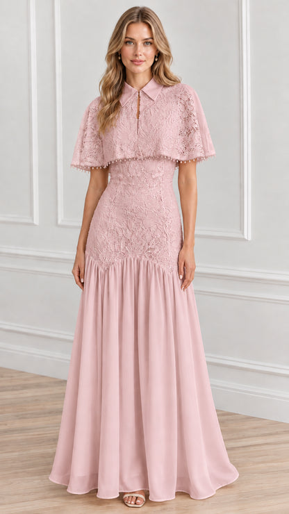 Front view of blush pink lace capelet evening maxi dress