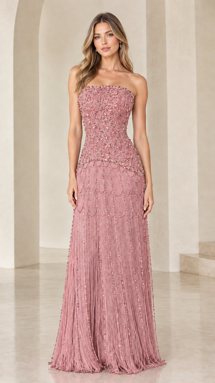 Strapless dusty pink beaded bodice evening gown with fringe details