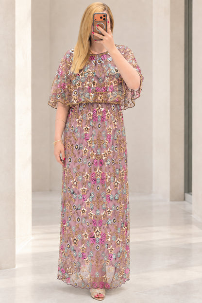 Front view of dusty pink floral sequin embroidered capelet maxi dress