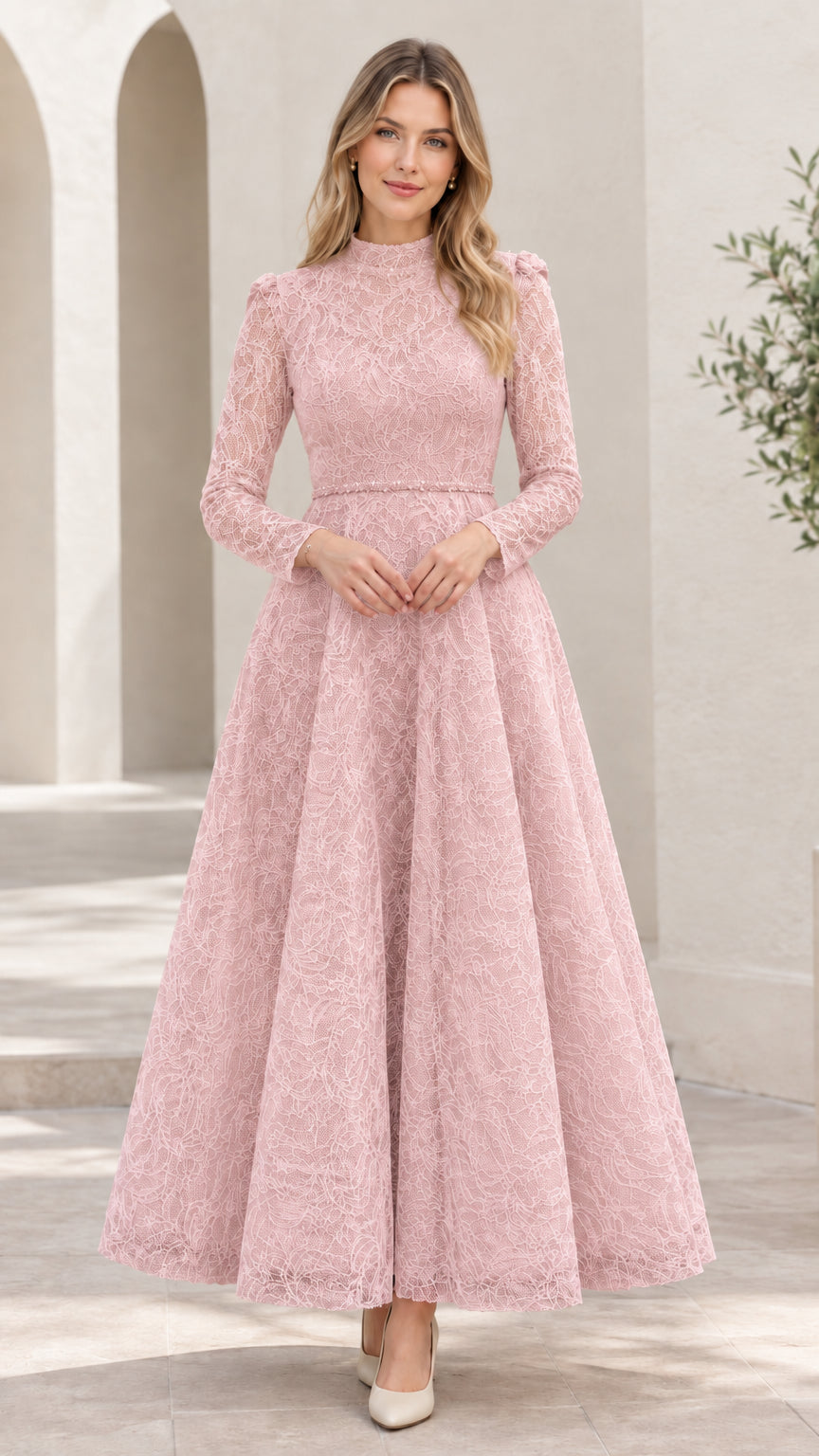 Front view of woman wearing dusty pink floral lace long sleeve formal dress