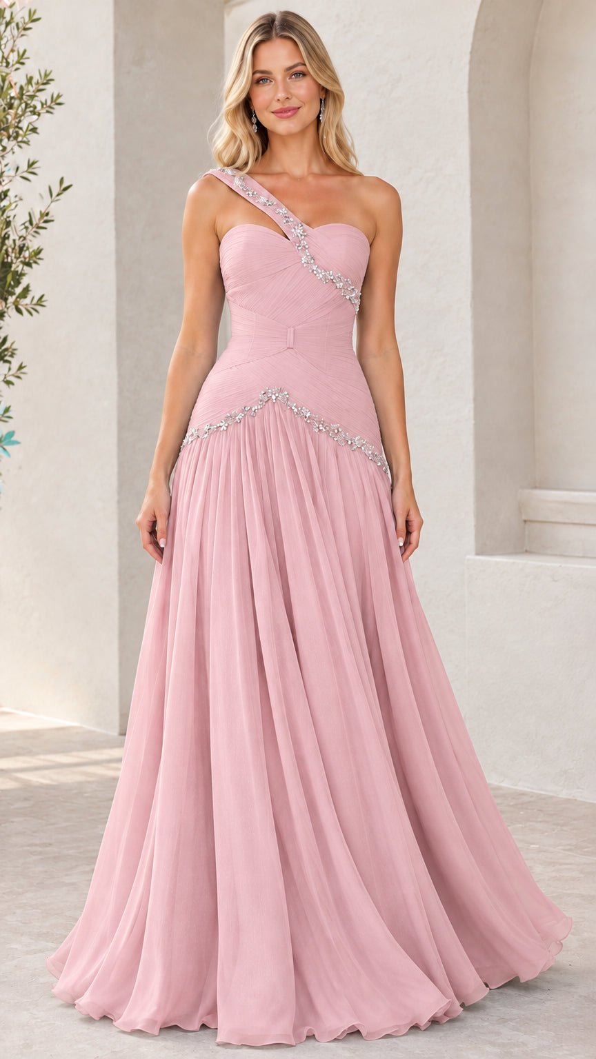 Blush pink one-shoulder rhinestone embellished chiffon evening gown