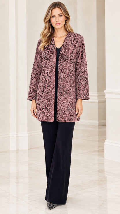 Dusty rose pink paisley velvet evening duster jacket on model