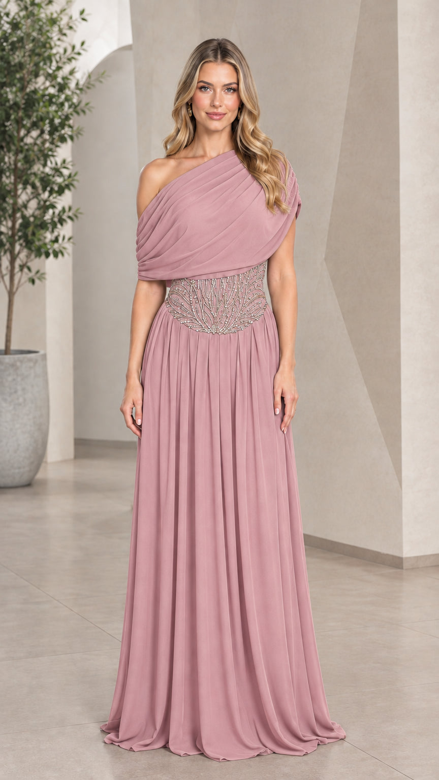Dusty Rose one-shoulder pleated chiffon evening gown with embellished waist