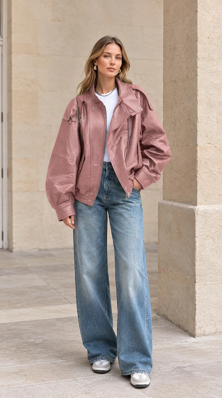 Front view of woman wearing dusty rose pink textured faux leather bomber jacket