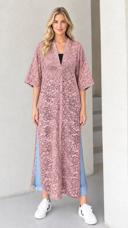 Front view of model wearing dusty pink floral lace maxi duster cardigan