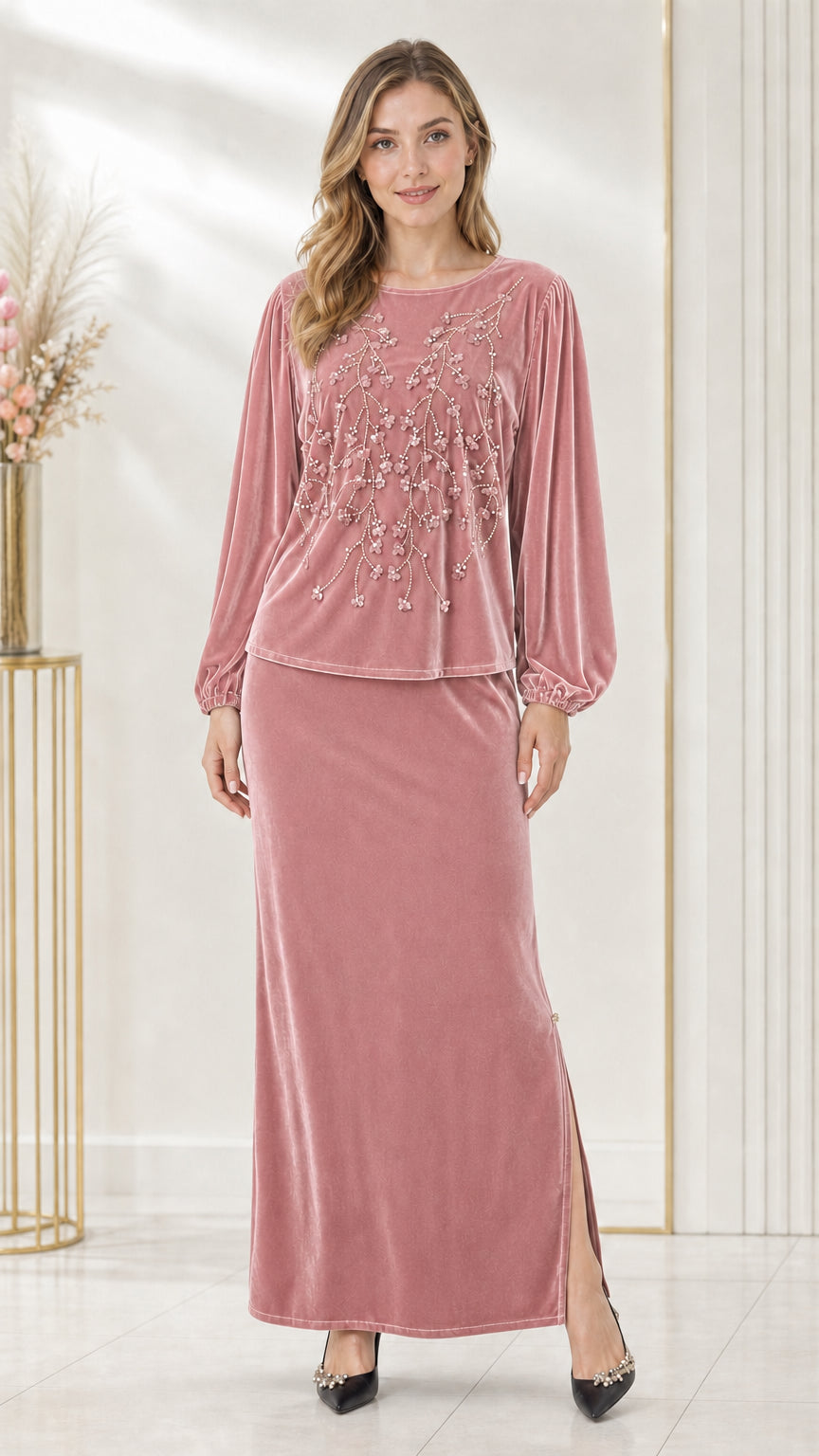Full-length front view of dusty pink beaded velvet two-piece maxi skirt set