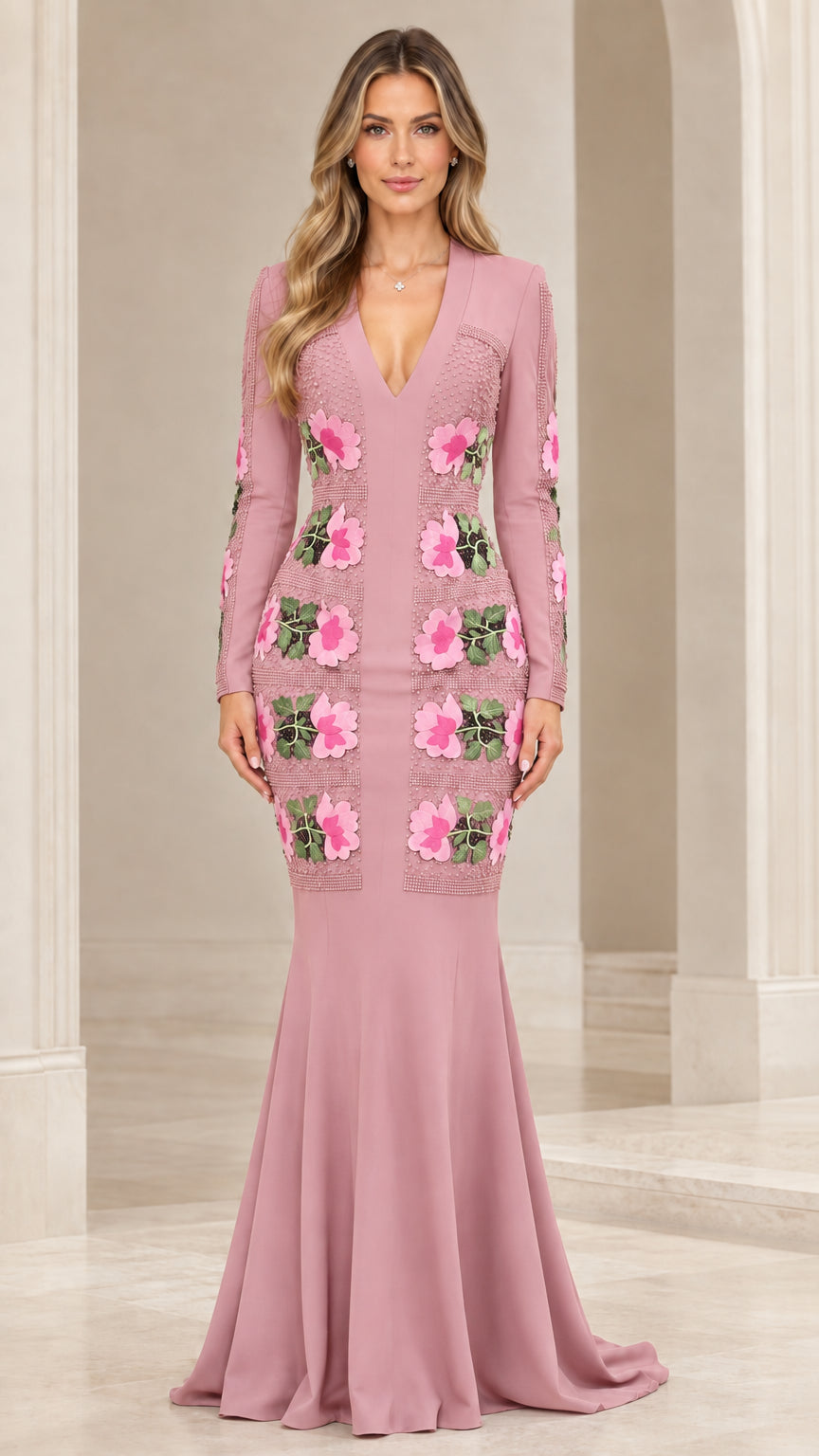 Front view of dusty pink long sleeve floral applique mermaid evening gown