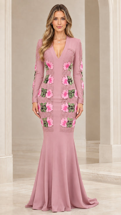 Front view of dusty pink long sleeve floral applique mermaid evening gown