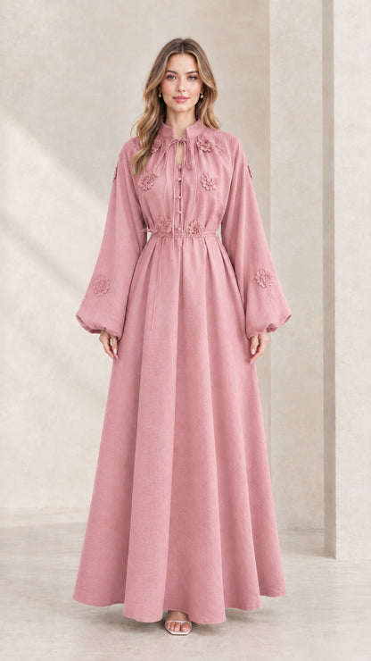 Front view of dusty pink embroidered tie-neck lantern sleeve maxi dress