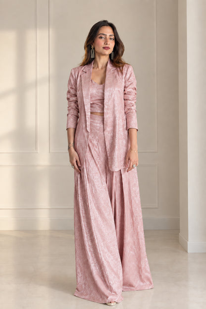 Front view of model wearing Dusty Pink textured jacquard 3-piece pant suit set