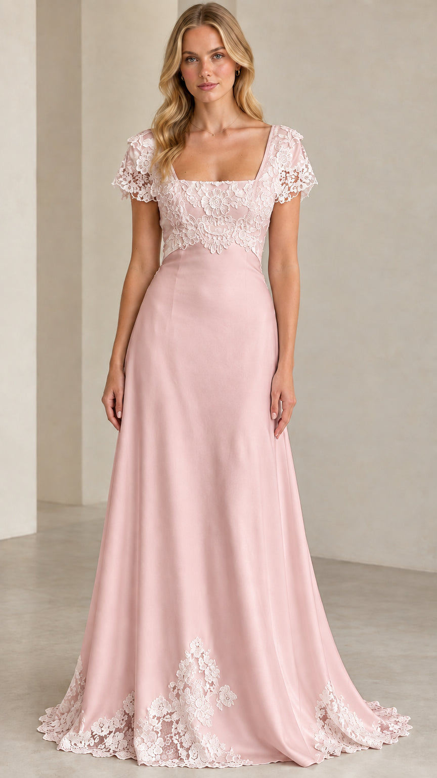 Full front view of blush pink lace cap sleeve formal maxi dress