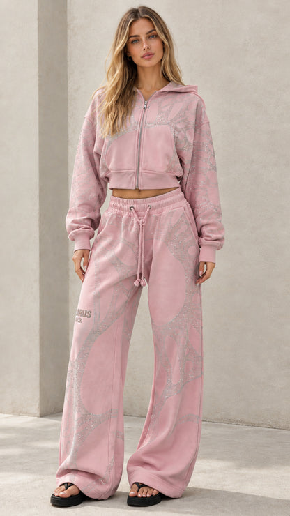 Pink rhinestone cropped hoodie and wide leg sweatpants loungewear set