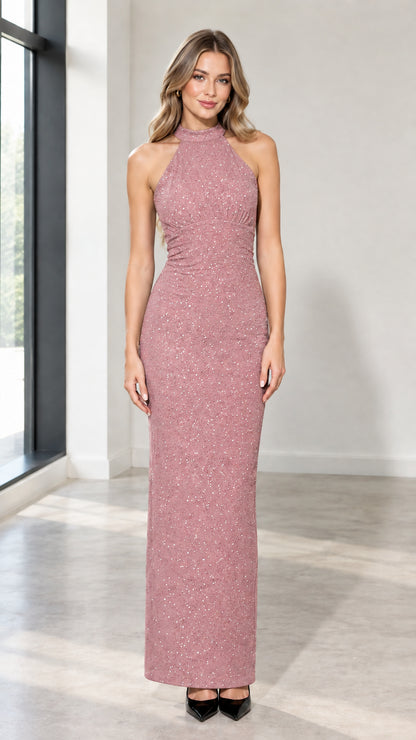 Front view of woman wearing dusty rose glitter halter neck column evening dress