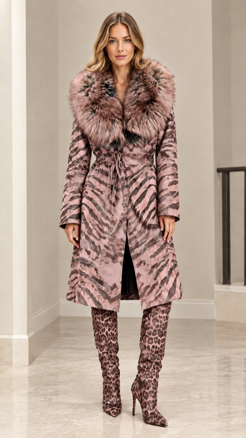 Model wearing Dusty Rose pink tiger print belted coat with matching faux fur collar