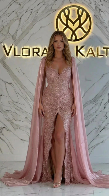 Full front view of blush pink sequin lace evening gown with cape train